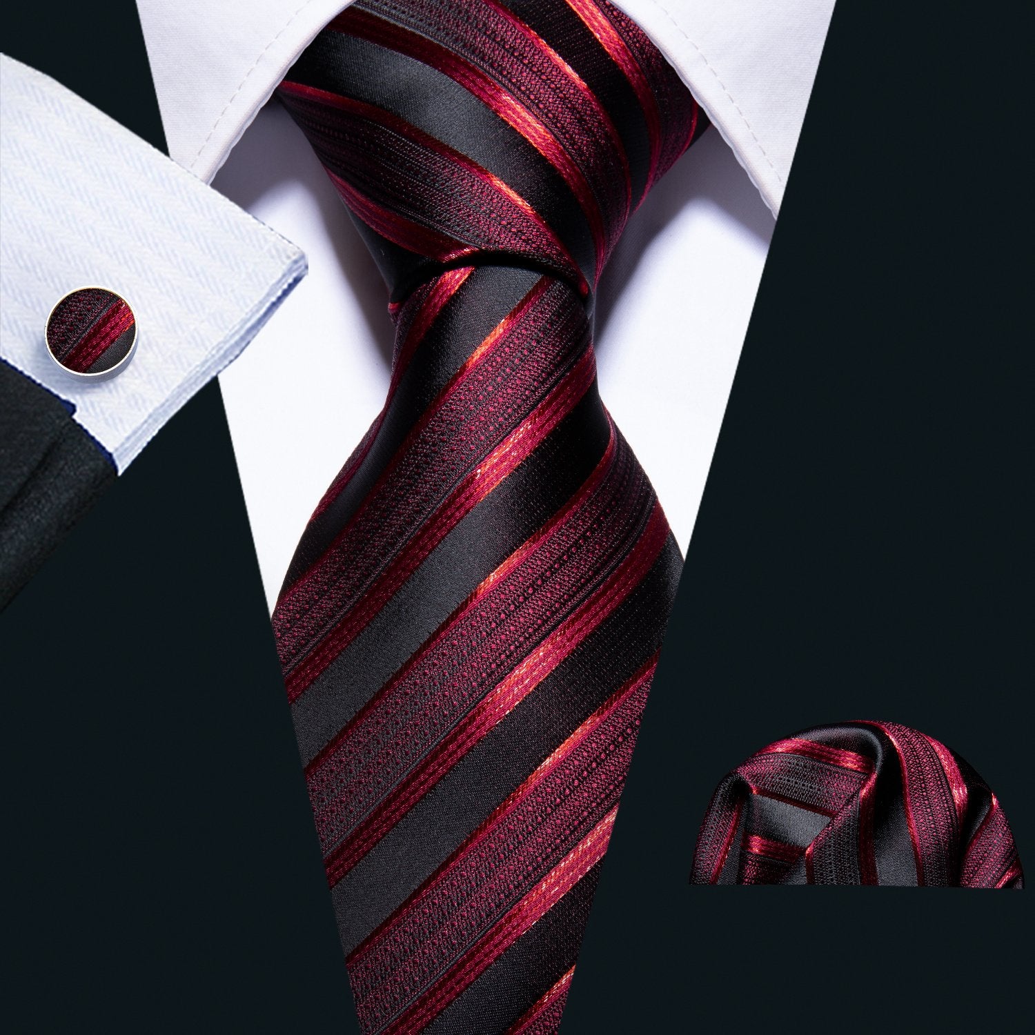 Red Black Silk Stripe Tie Pocket Square Cufflinks Set 8.5cm Fashion Designer Neckties with Brooches Easy Matching