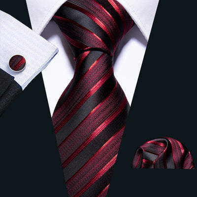 Red Black Silk Stripe Tie Pocket Square Cufflinks Set 8.5cm Fashion De