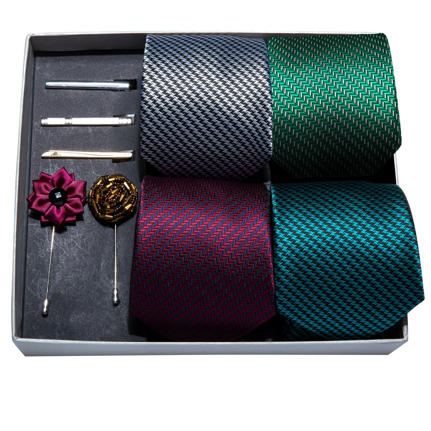 4pcs Men Tie Four Color Striped Silk Mens Wedding Tie Hanky Clip Lapel Pin Gift Box Set