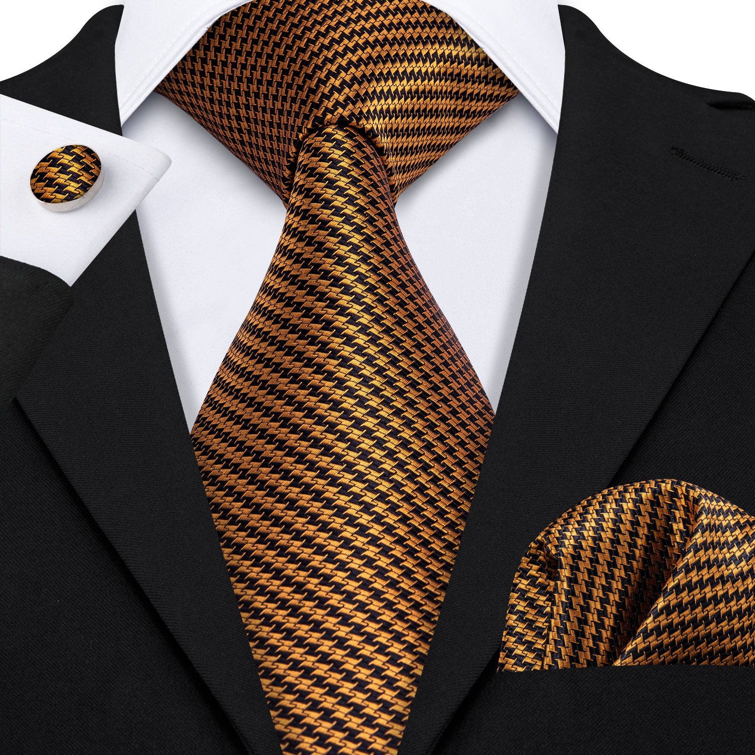Golden Houndstooth Silk Fabric Tie Hanky Cufflinks Set