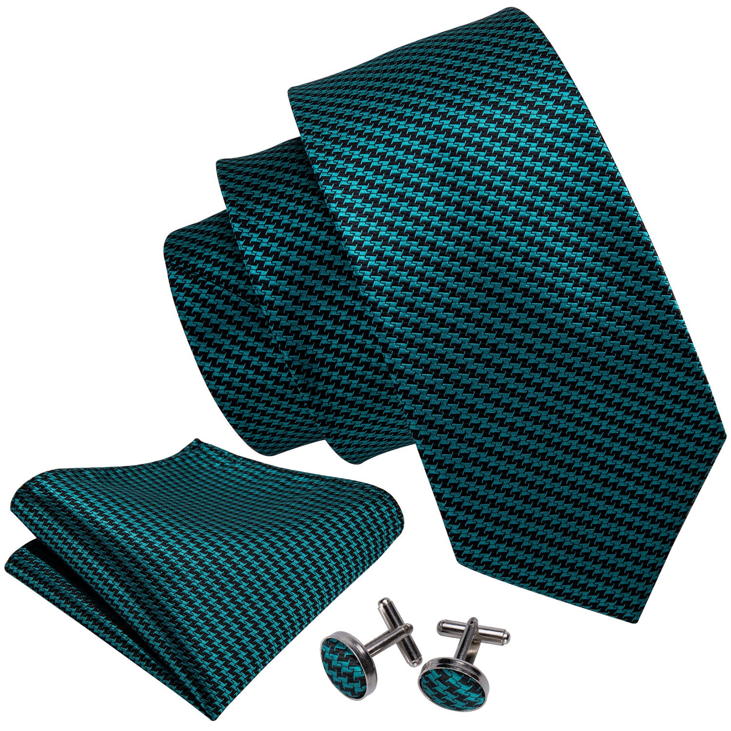  Turquoise Houndstooth Silk Fabric Tie Hanky Cufflinks Set