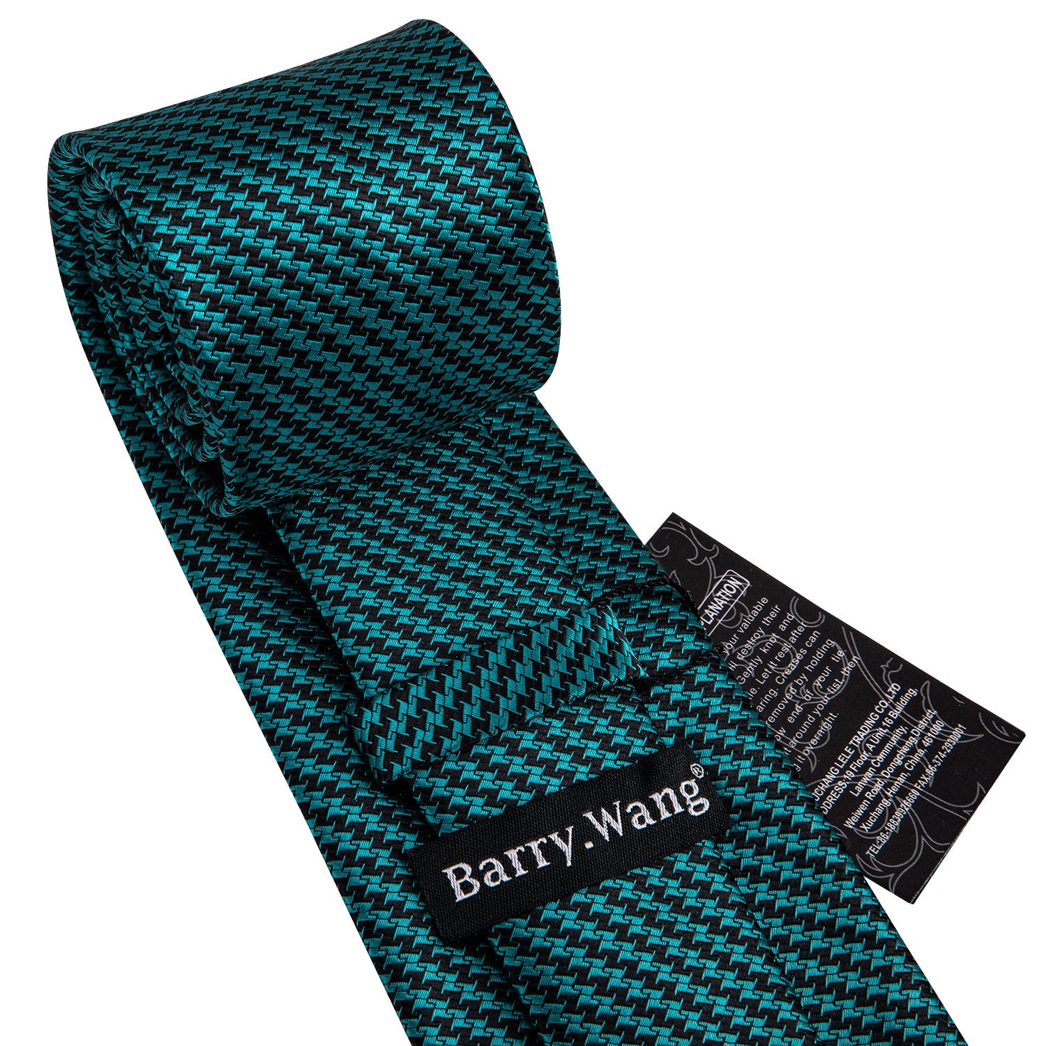 Turquoise Houndstooth Silk Fabric Tie Hanky Cufflinks Set