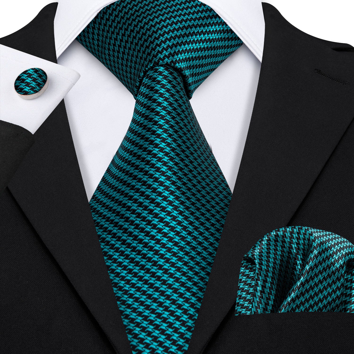 Turquoise Houndstooth Silk Fabric Tie Hanky Cufflinks Set
