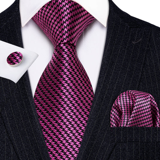 Barry. Wang Purple Houndstooth Silk Fabric Tie Hanky Cufflinks Set