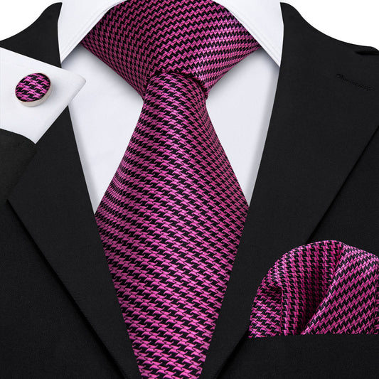 Barry. Wang Purple Houndstooth Silk Fabric Tie Hanky Cufflinks Set