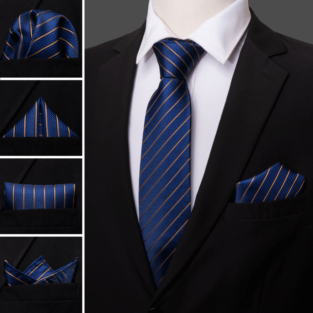 Deep Blue Gold Striped Silk Fabric Tie Hanky Cufflinks Set