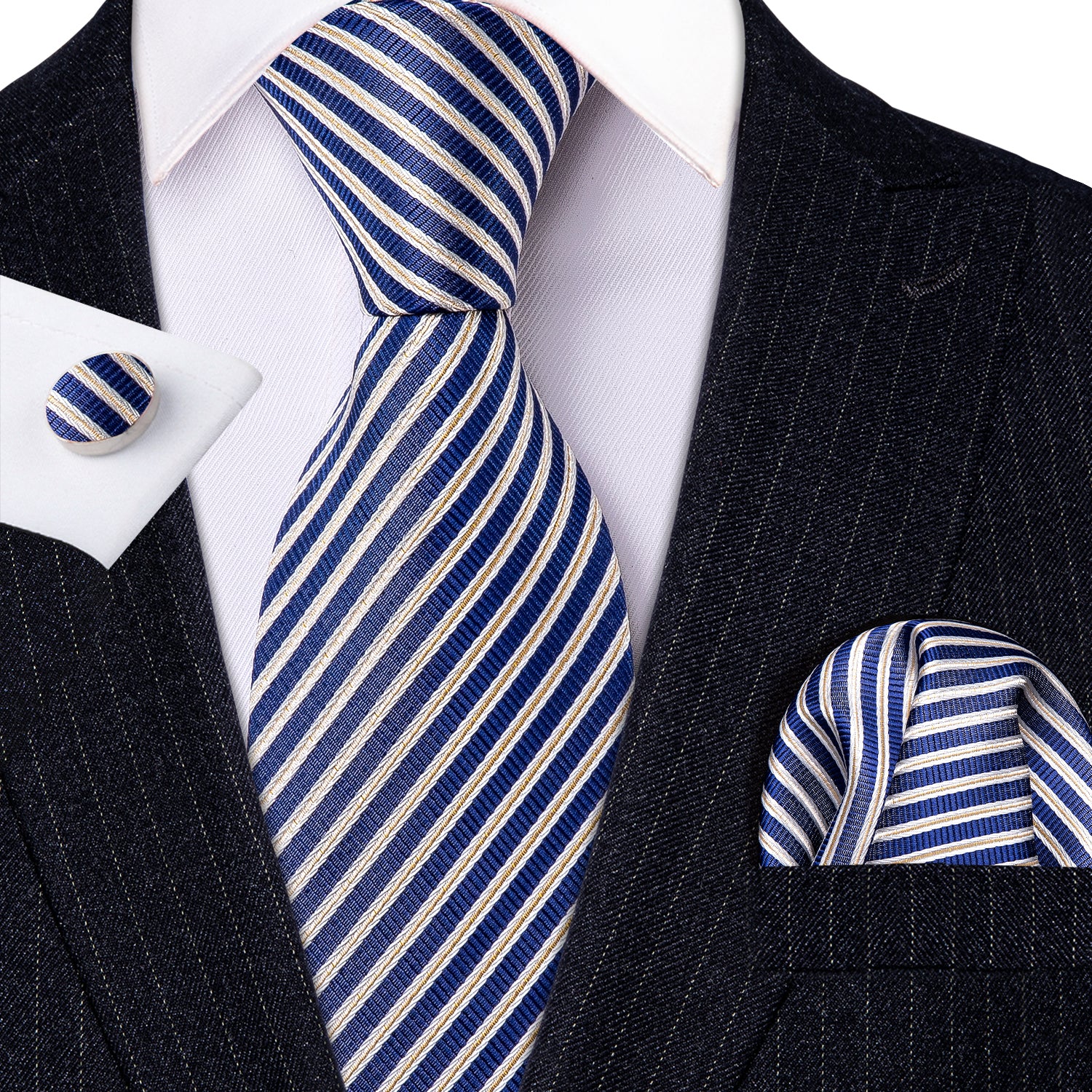 Blue Narrow Striped Silk Fabric Tie Hanky Cufflinks Set