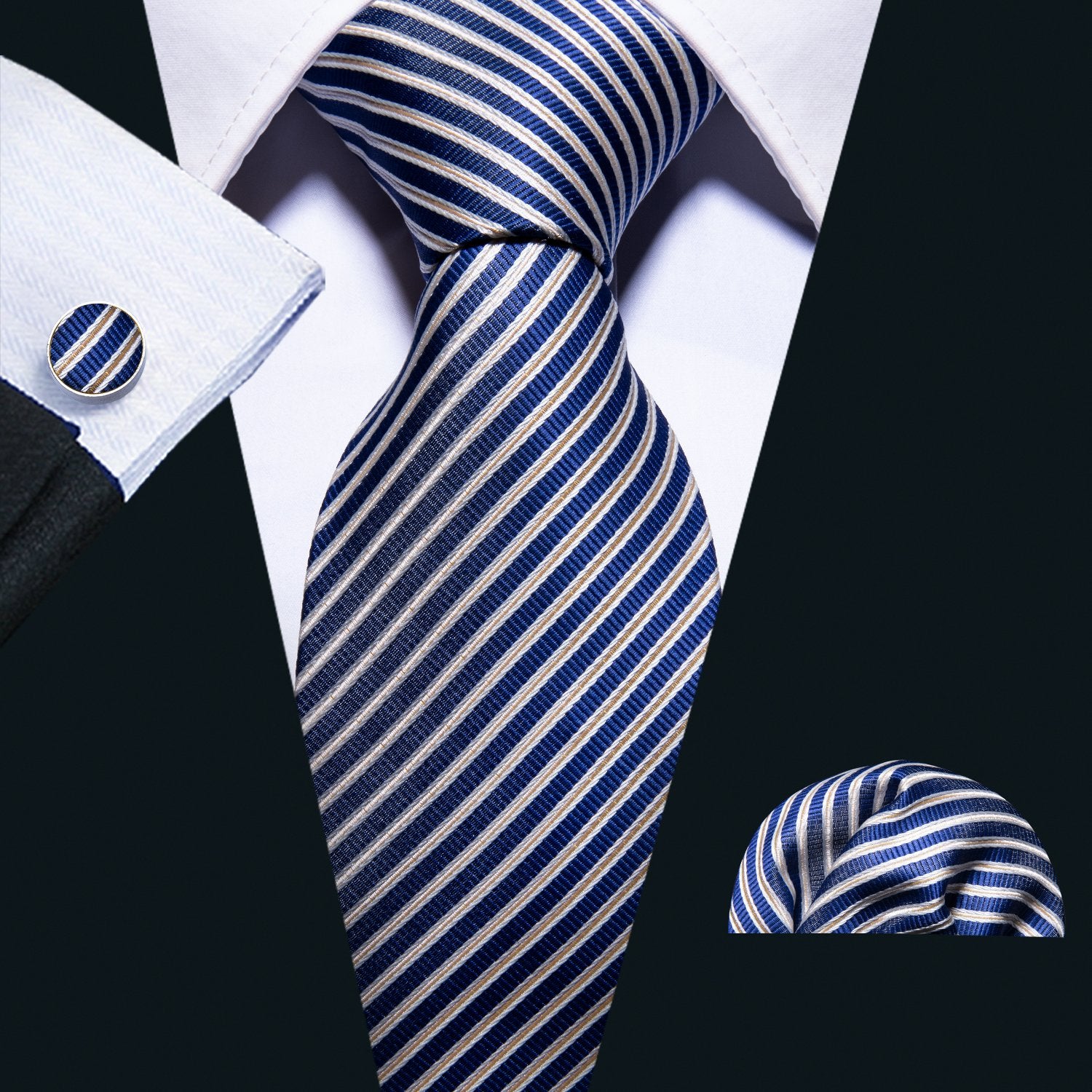 Blue Narrow Striped Silk Fabric Tie Hanky Cufflinks Set - barry-wang