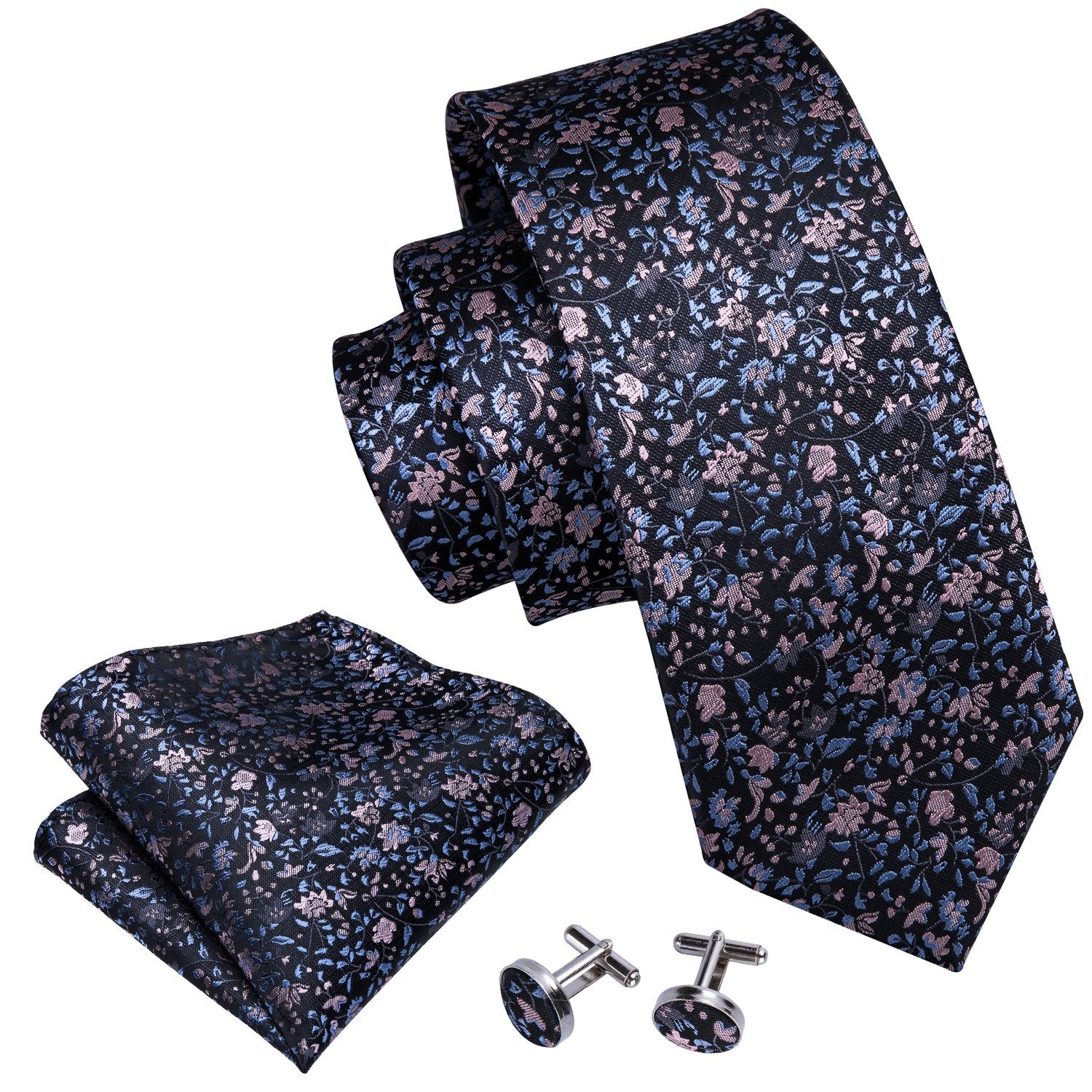 Black Pink Floral Silk Fabric Tie Hanky Cufflinks Set - barry-wang