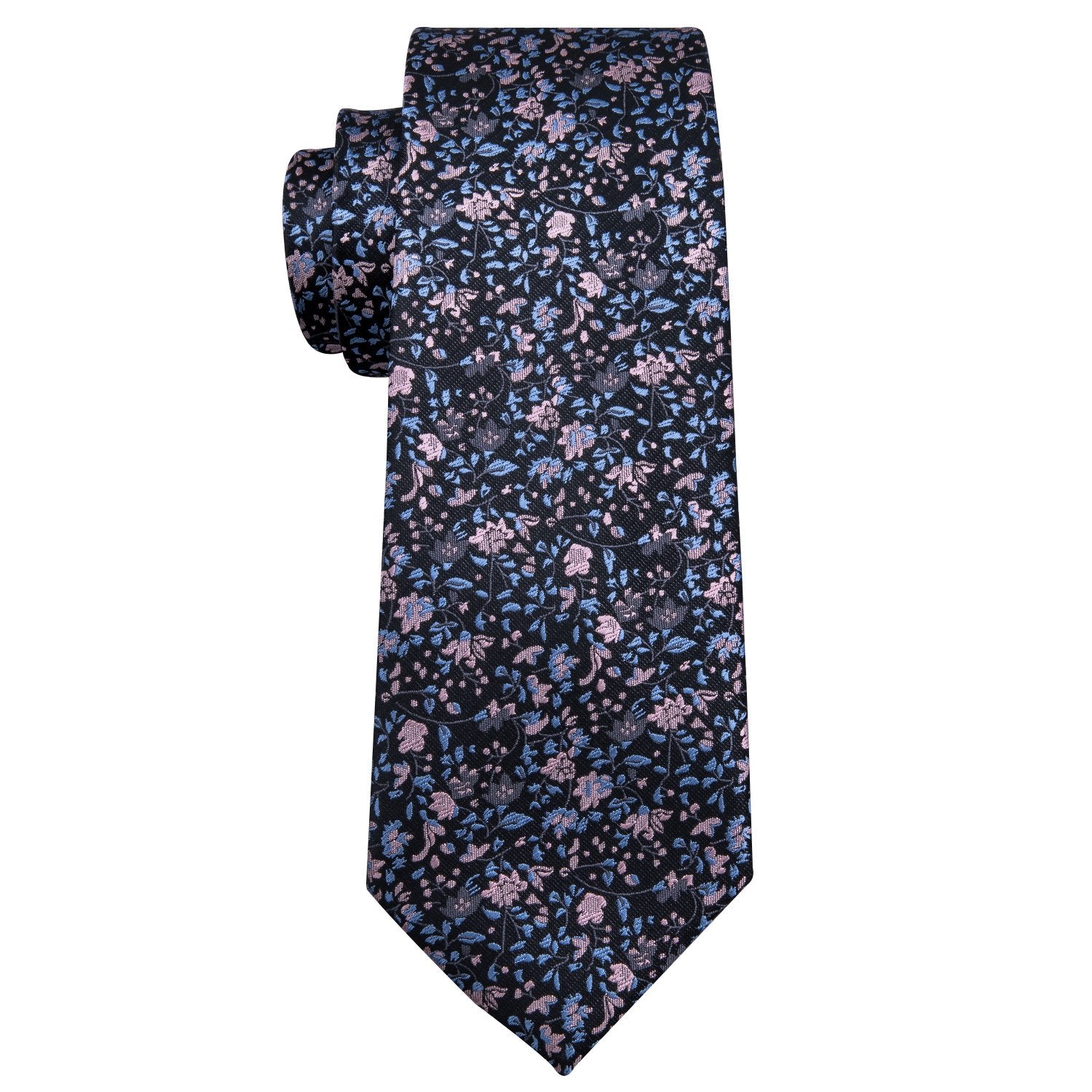 Black Pink Floral Silk Fabric Tie Hanky Cufflinks Set - barry-wang