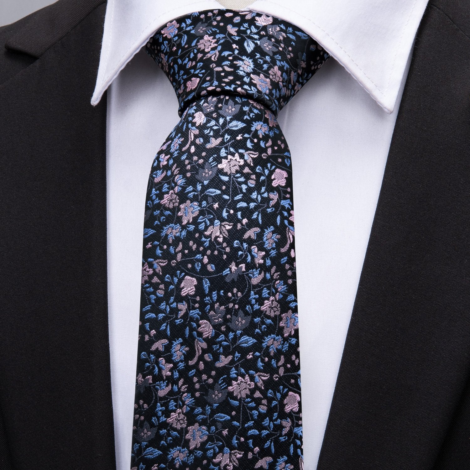 Black Pink Floral Silk Fabric Tie Hanky Cufflinks Set - barry-wang