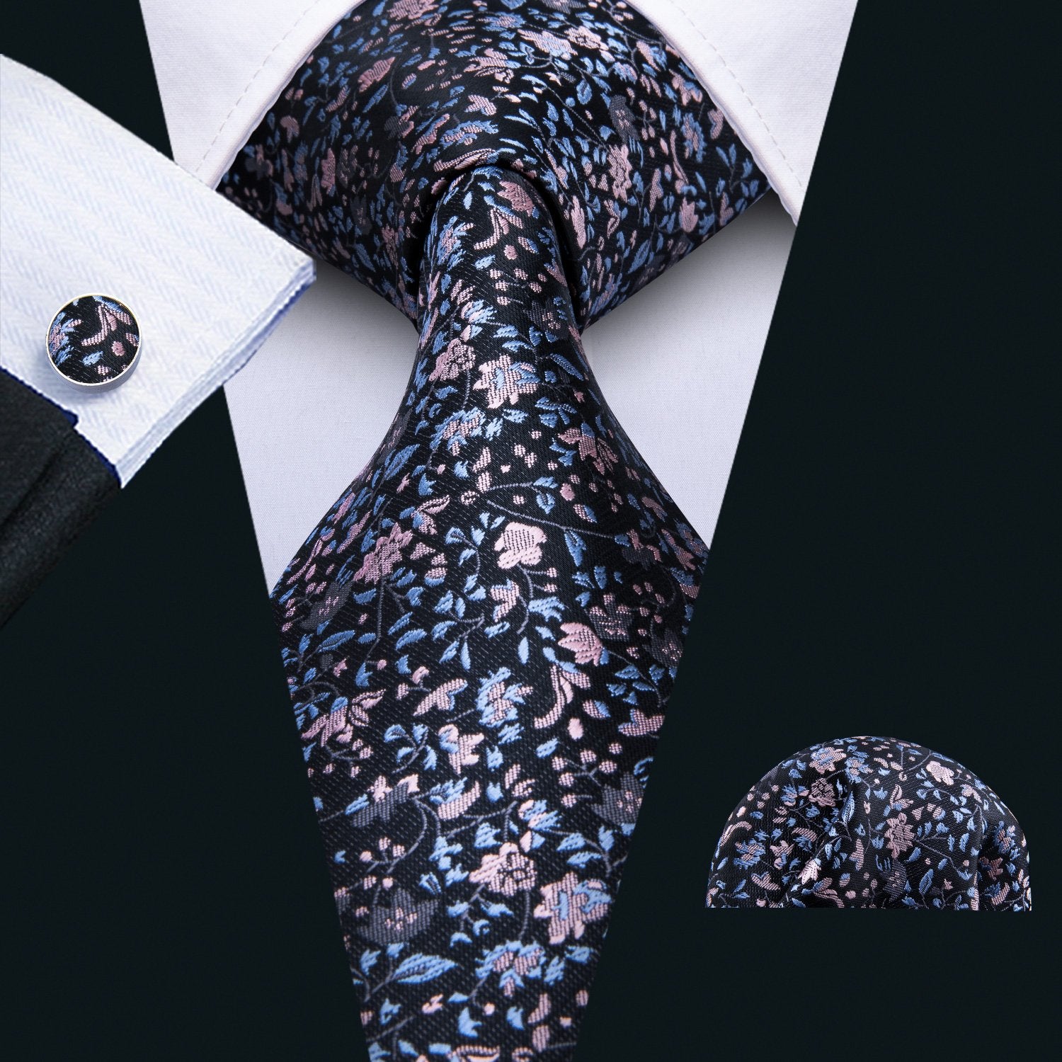 Black Pink Floral Silk Fabric Tie Hanky Cufflinks Set - barry-wang