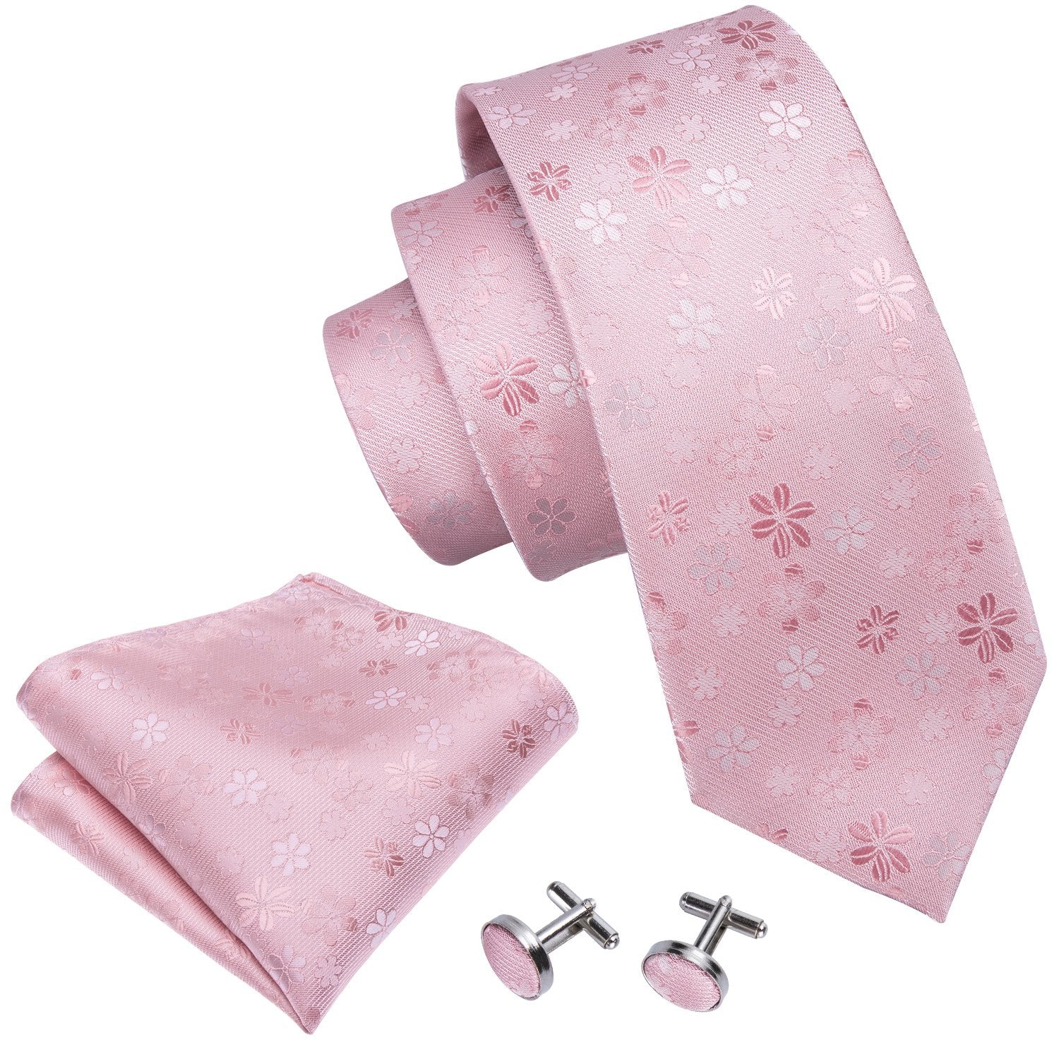 Pink Floral Silk Fabric Tie Hanky Cufflinks Set - barry-wang