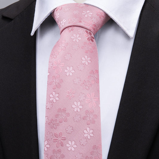 Pink Floral Silk Fabric Tie Hanky Cufflinks Set - barry-wang