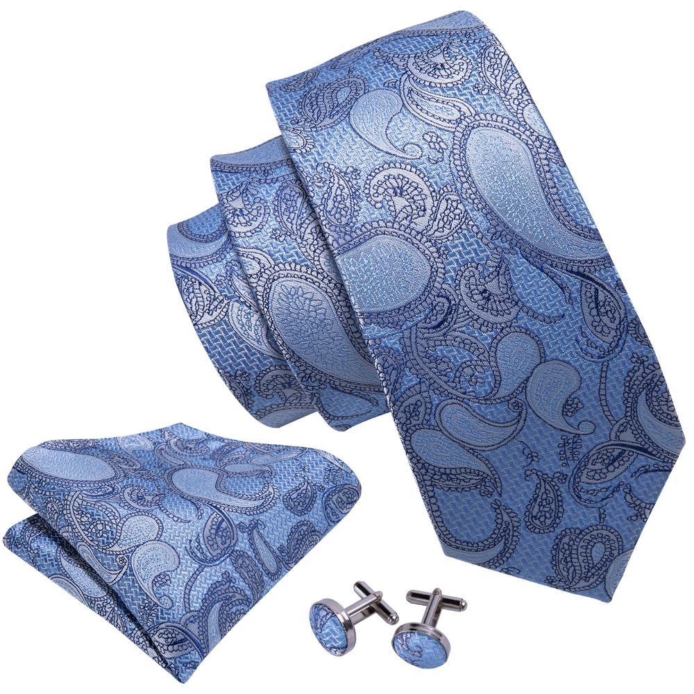 Sky-blue Paisley Silk Tie Pocket Square Cufflinks Set - barry-wang