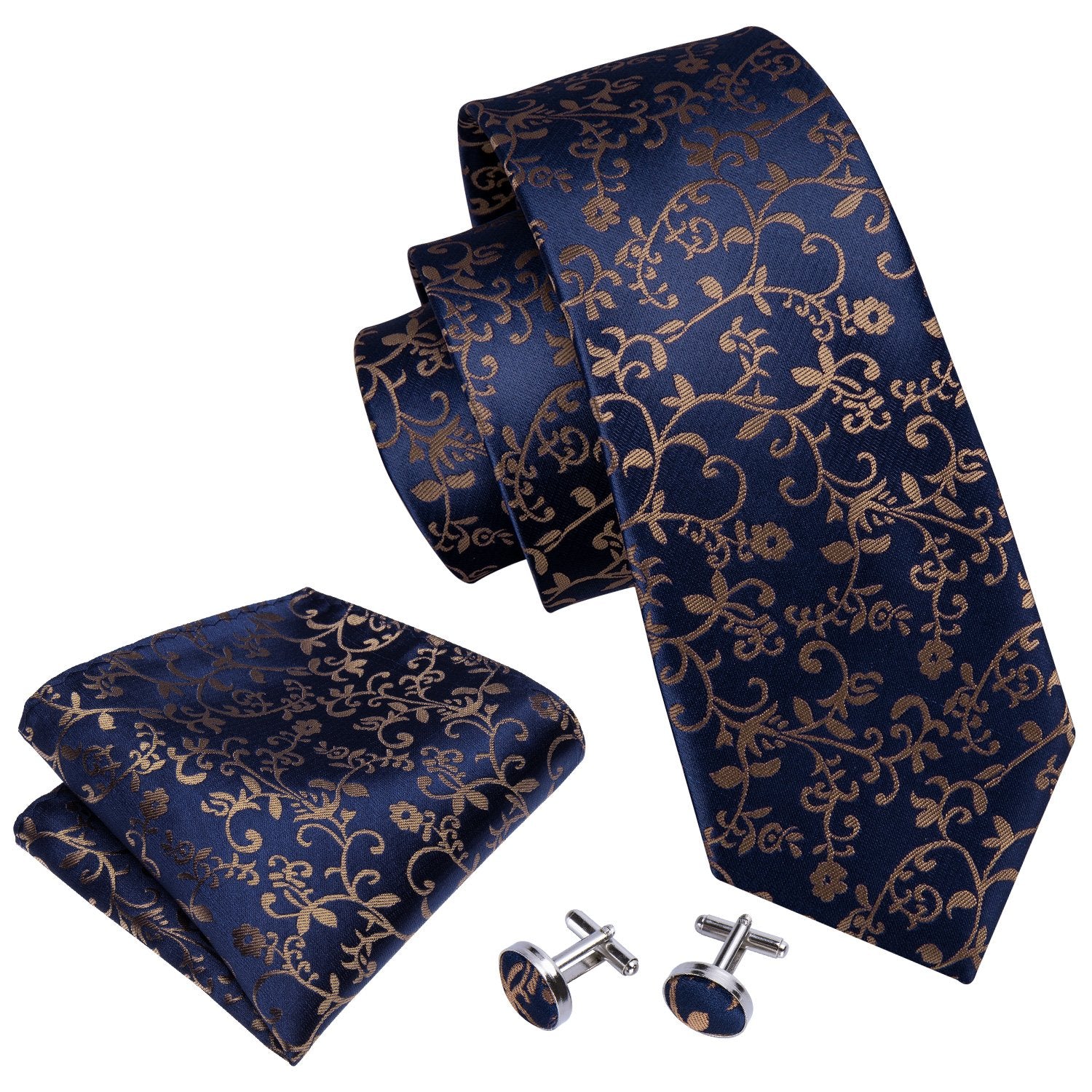 Deep Blue Golden Floral Silk Fabric Tie Hanky Cufflinks Set - barry-wang