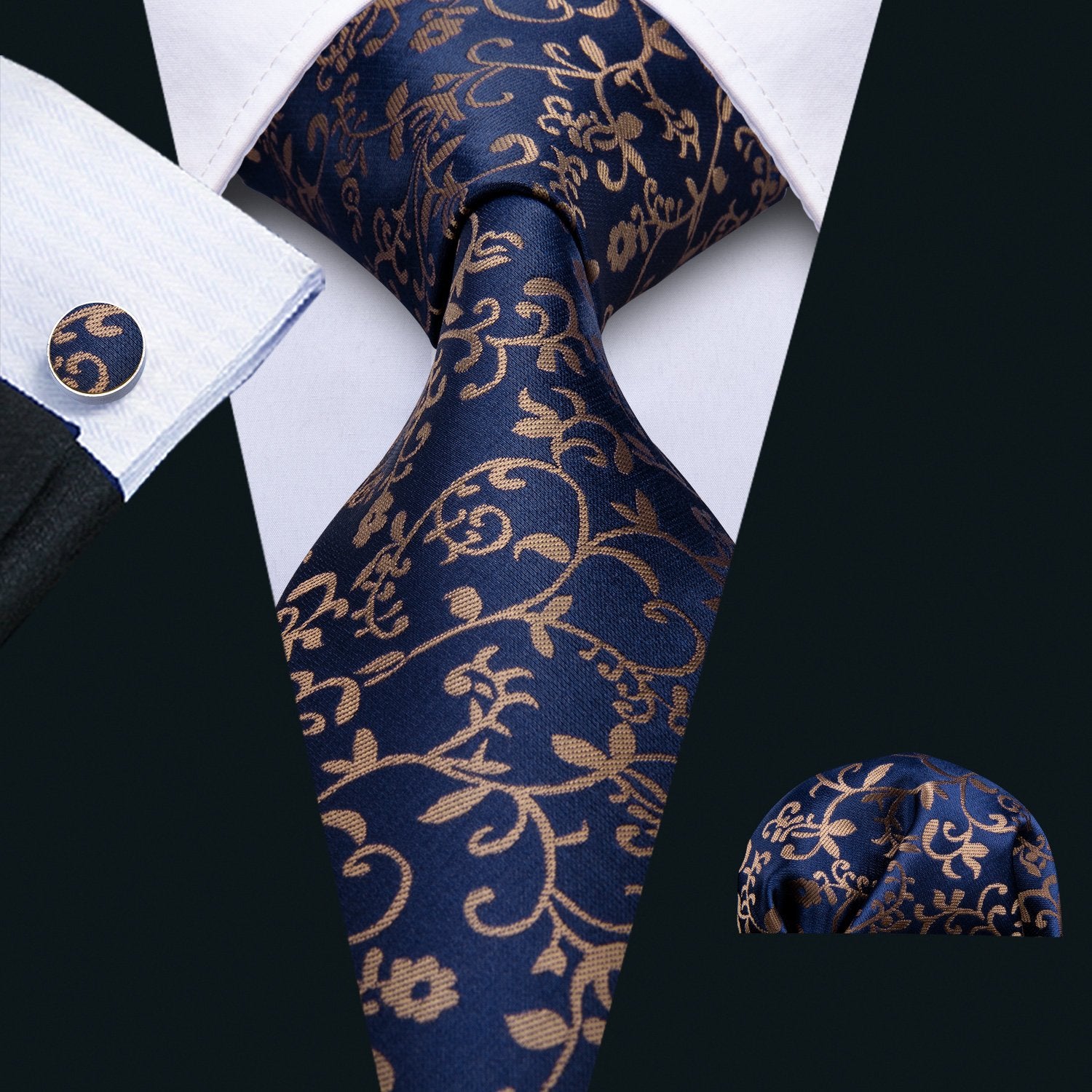 Deep Blue Golden Floral Silk Fabric Tie Hanky Cufflinks Set