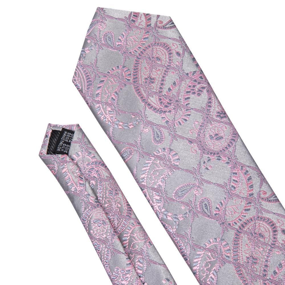 Silver Pink Paisley Silk Tie Pocket Square Cufflinks Set - barry-wang