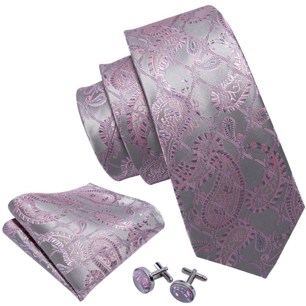 Silver Pink Paisley Silk Tie Pocket Square Cufflinks Set - barry-wang
