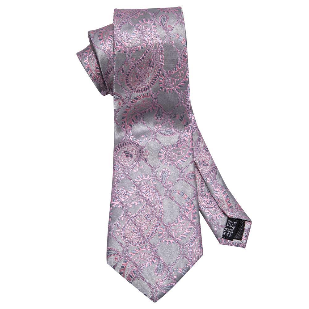 Silver Pink Paisley Silk Tie Pocket Square Cufflinks Set - barry-wang