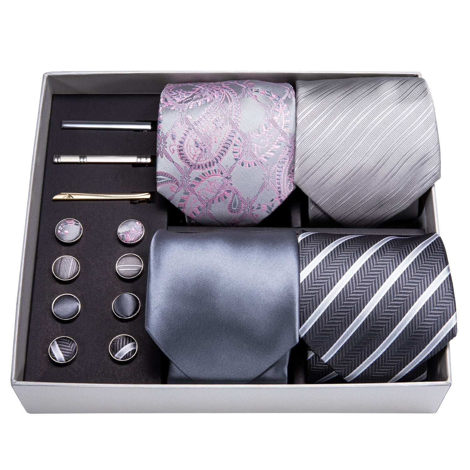 Men Ties Gray Sliver Floral Silk Men Wedding Necktie Pocket Square Gift Box Set