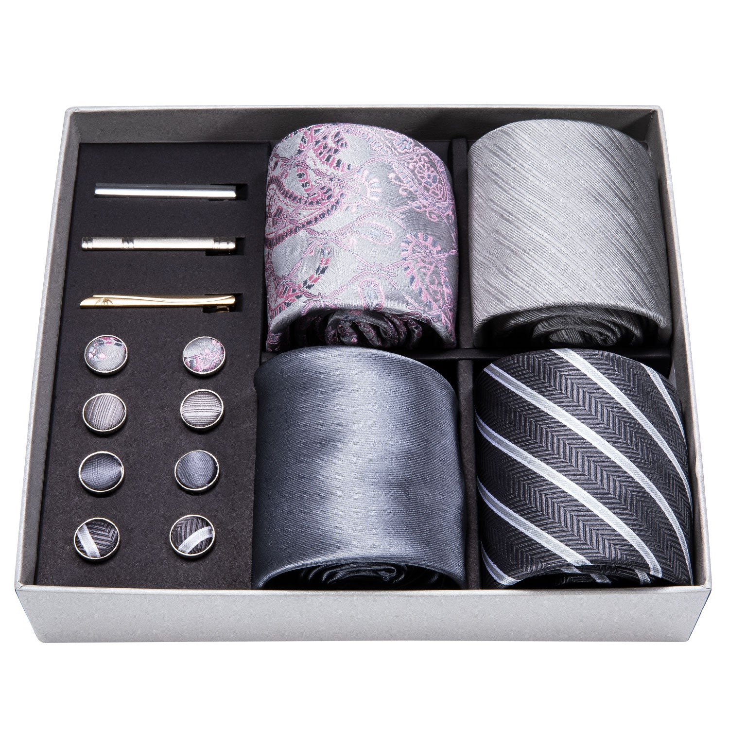 Men Ties Gray Sliver Floral Silk Men Wedding Necktie Pocket Square Gift Box Set