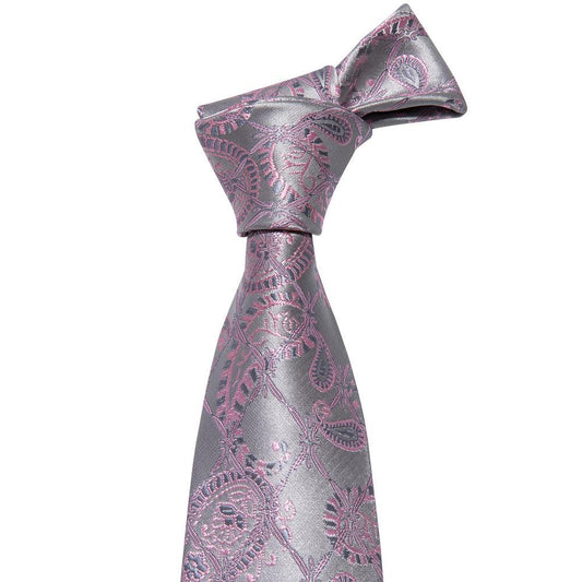 Silver Pink Paisley Silk Tie Pocket Square Cufflinks Set - barry-wang