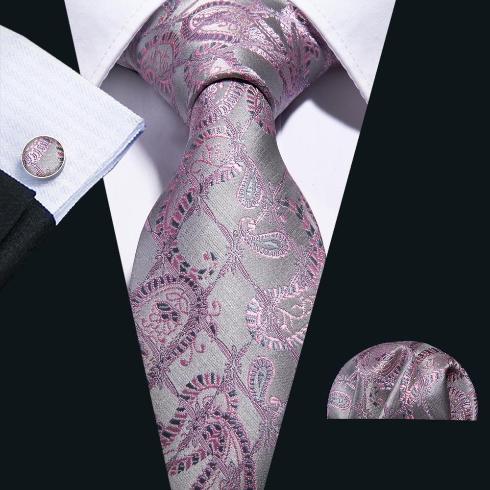 Silver Pink Paisley Silk Tie Pocket Square Cufflinks Set - barry-wang