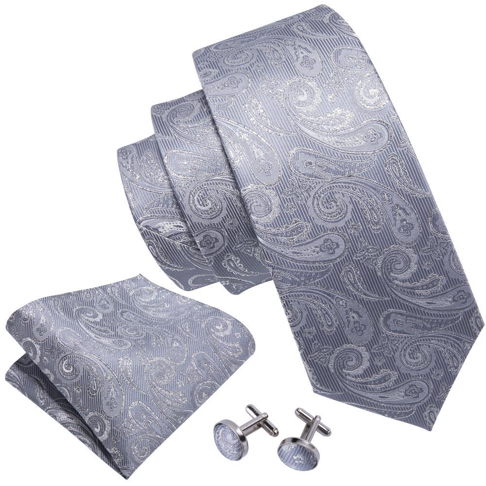 Silver Grey Paisley Silk Tie Pocket Square Cufflinks Set - barry-wang