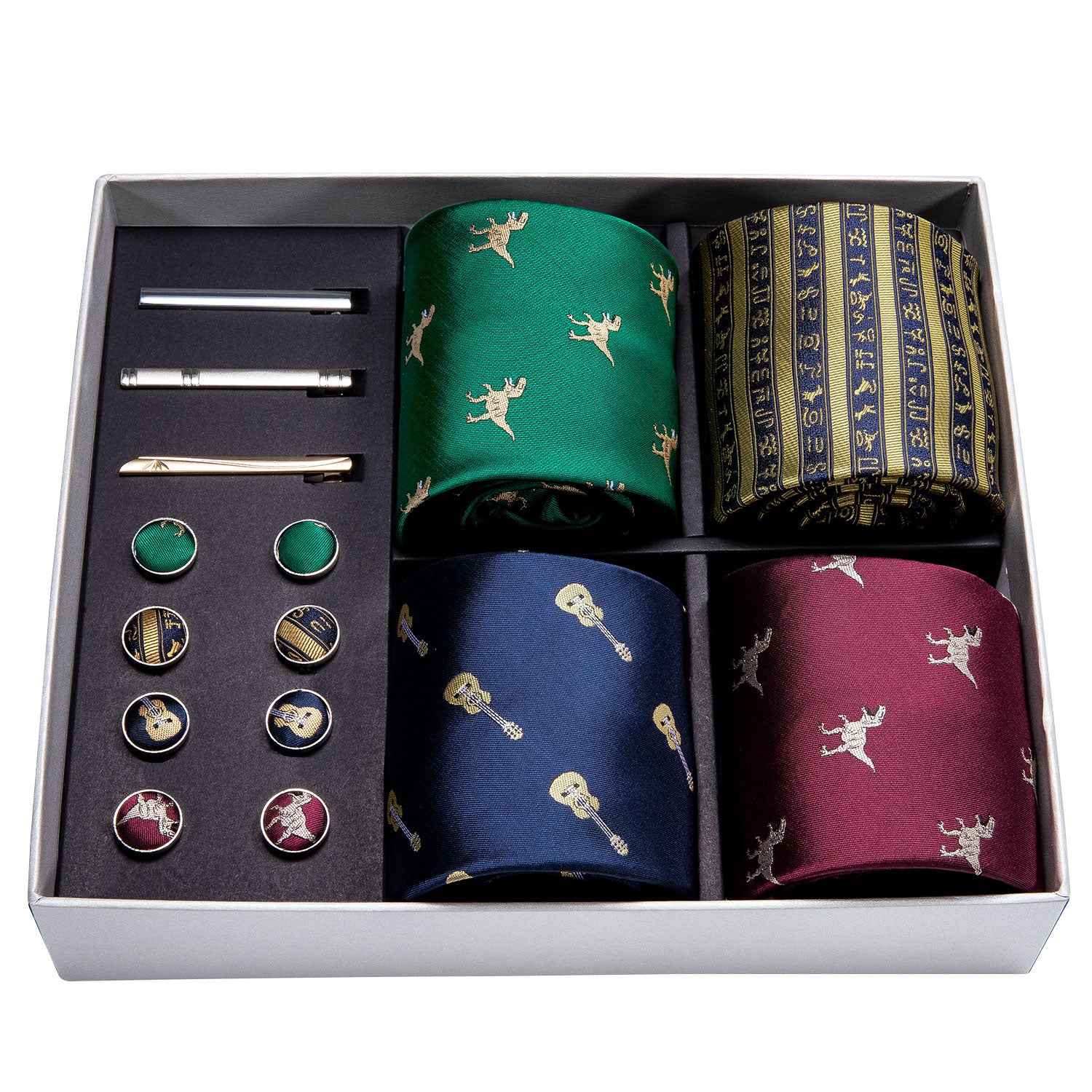 Gold Men Ties Red Dinosaur Silk Men Wedding Necktie Pocket Square Gift Box Set