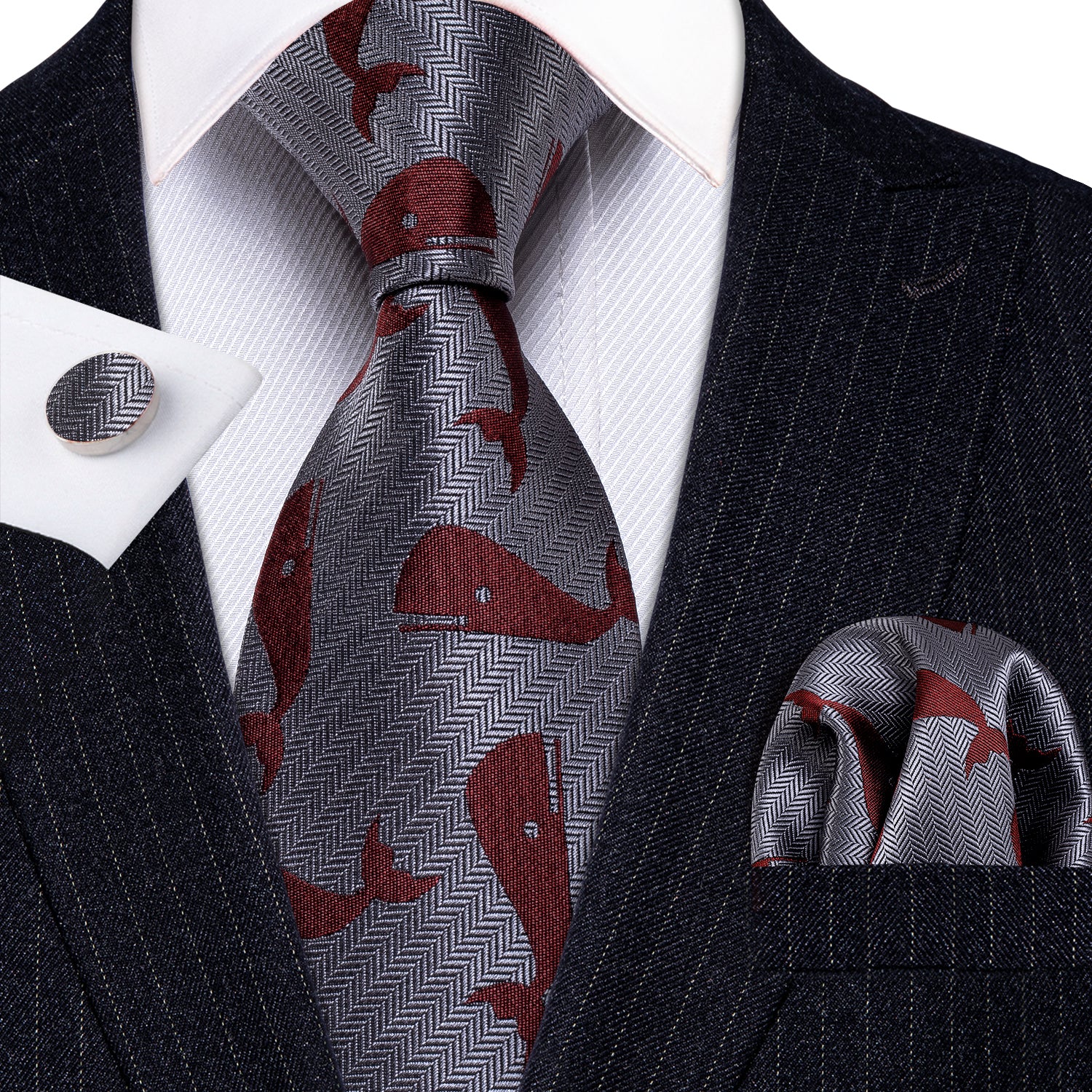Barry.wang Grey Tie Red Whale Novelty Silk Tie Hanky Cufflinks Set