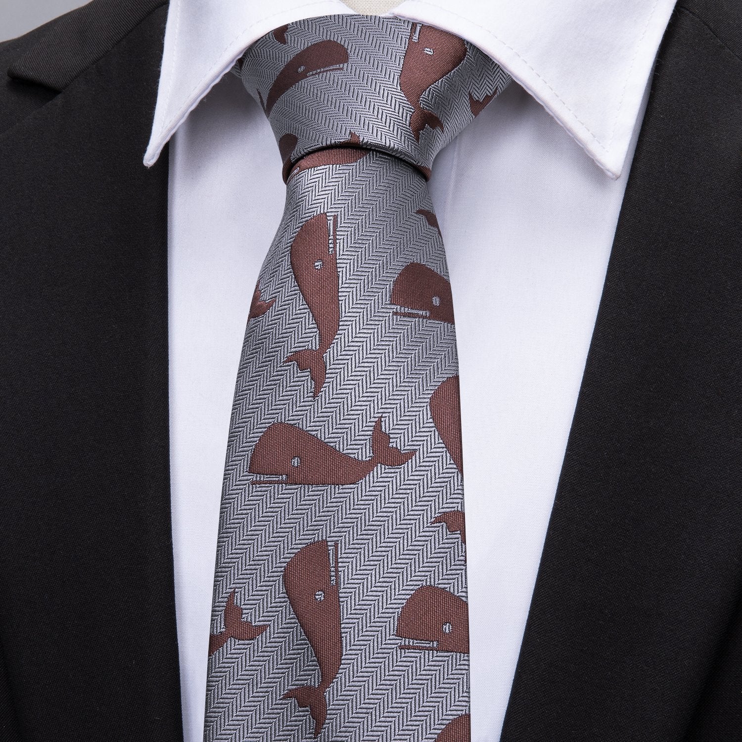 Red Whale Grey Novelty Silk Men's Tie Hanky Cufflinks Set - barry-wang