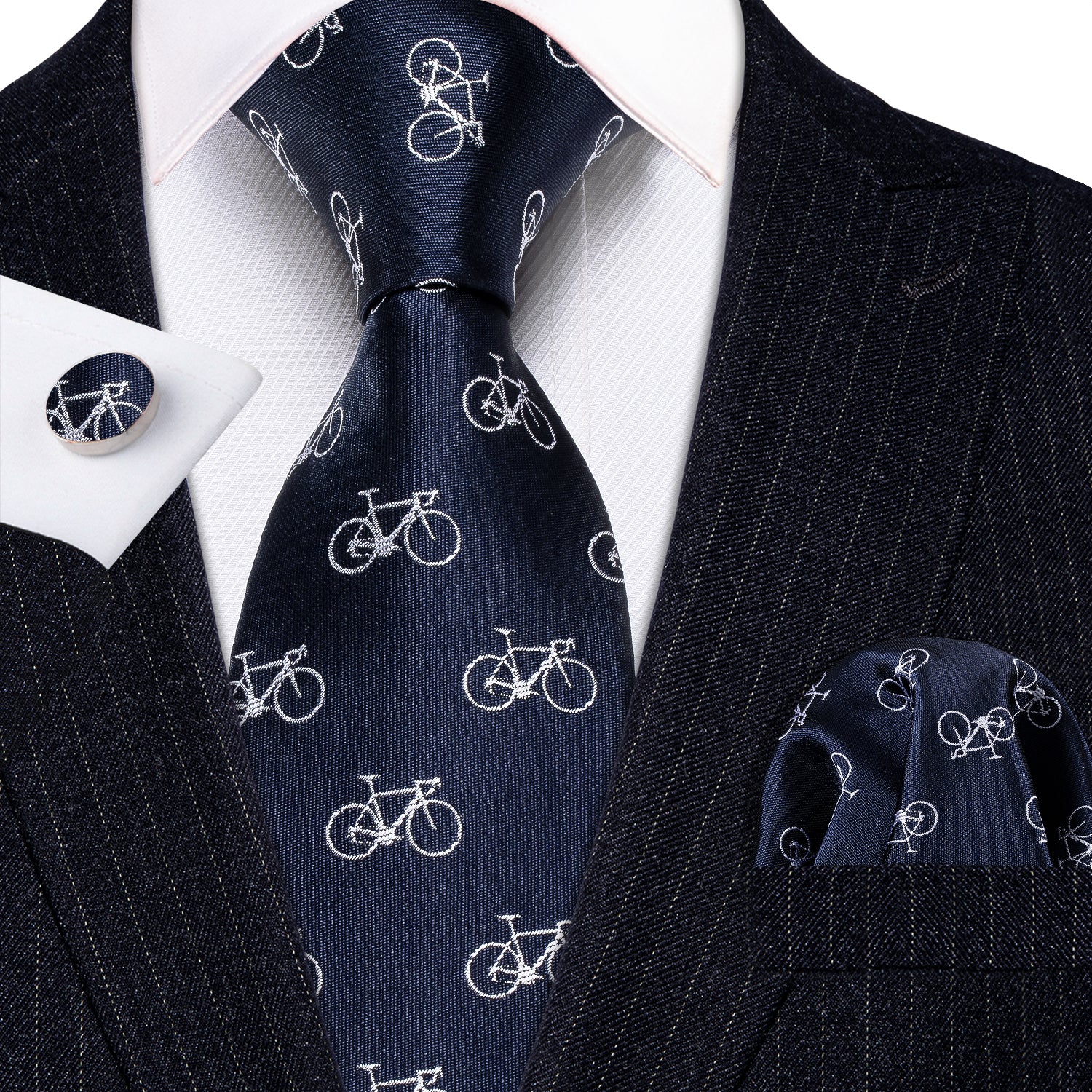 Bike Deep Blue Novelty Silk Tie Hanky Cufflinks Set