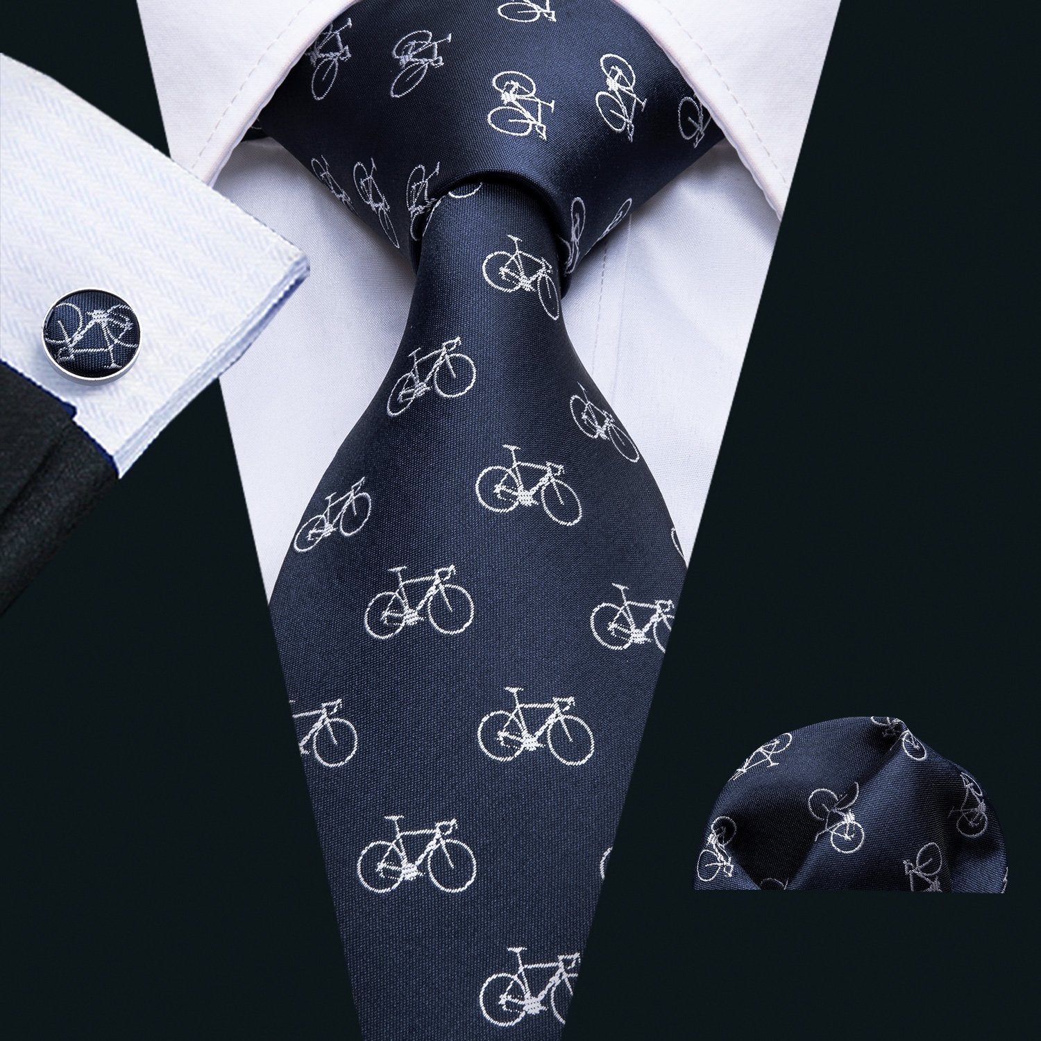 Bike Deep Blue Novelty Silk Men's Tie Hanky Cufflinks Set - barry-wang