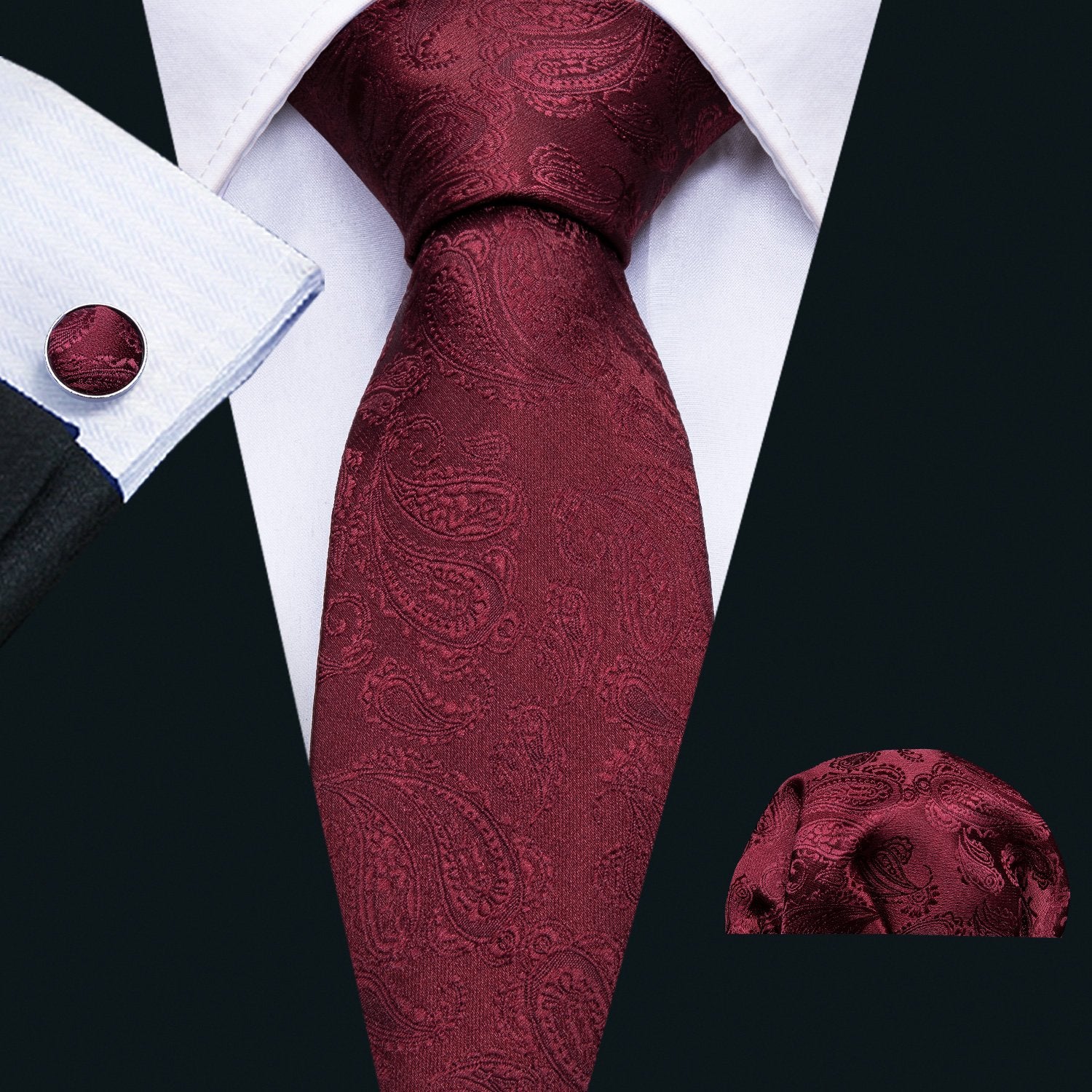 Burgundy Paisley Silk Men's Tie Hanky Cufflinks Set - barry-wang