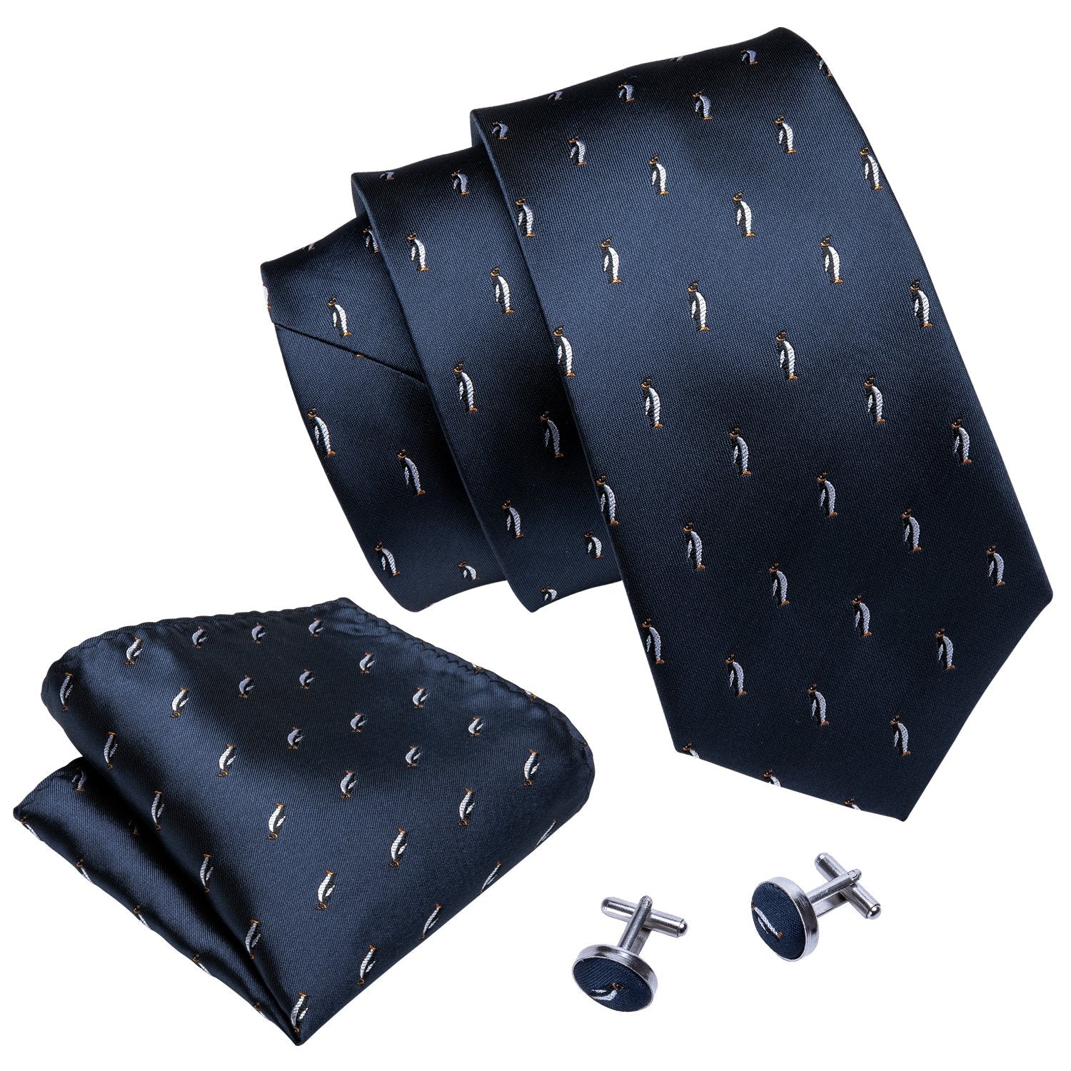 Penguin Blue Novelty Silk Men's Tie Hanky Cufflinks Set - barry-wang
