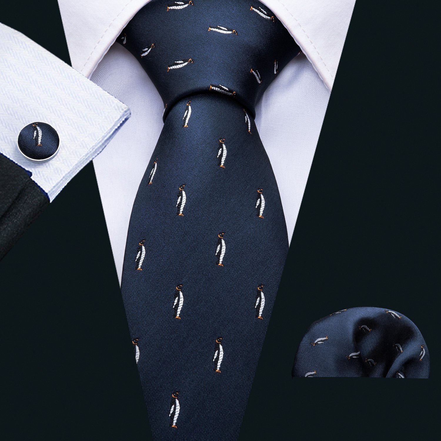 Penguin Blue Novelty Silk Men's Tie Hanky Cufflinks Set - barry-wang