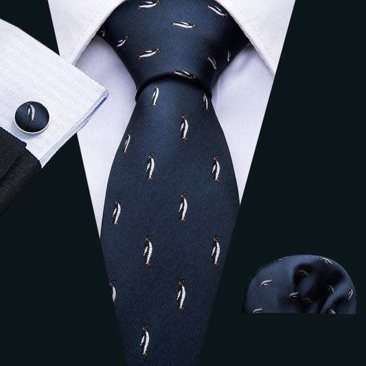 Penguin Blue Novelty Silk Men's Tie Hanky Cufflinks Set - barry-wang