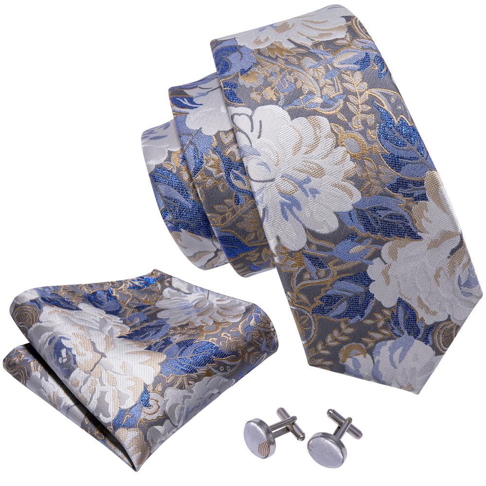 White Blue Floral Tie Pocket Square Cufflinks Set - barry-wang