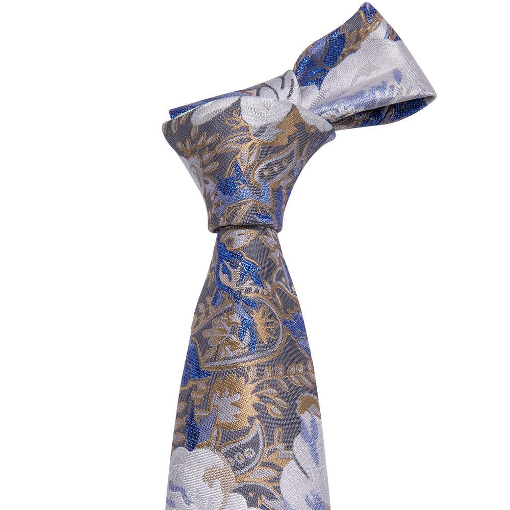 White Blue Floral Tie Pocket Square Cufflinks Set - barry-wang