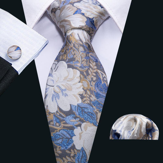 White Blue Floral Tie Pocket Square Cufflinks Set - barry-wang