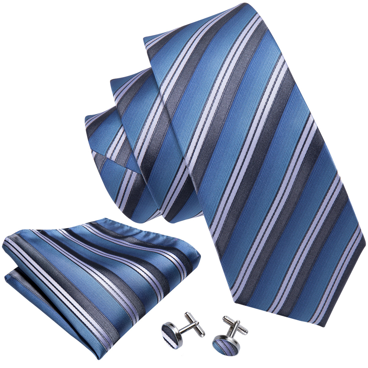 Men's Tie Set – Striped Necktie With Pocket Square & Cufflinks, Gray Blue White Stripe