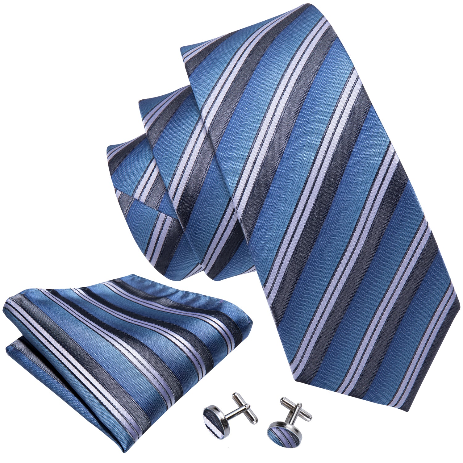 Sky Blue Neckties Striped Tie Pocket Square Cufflinks Set