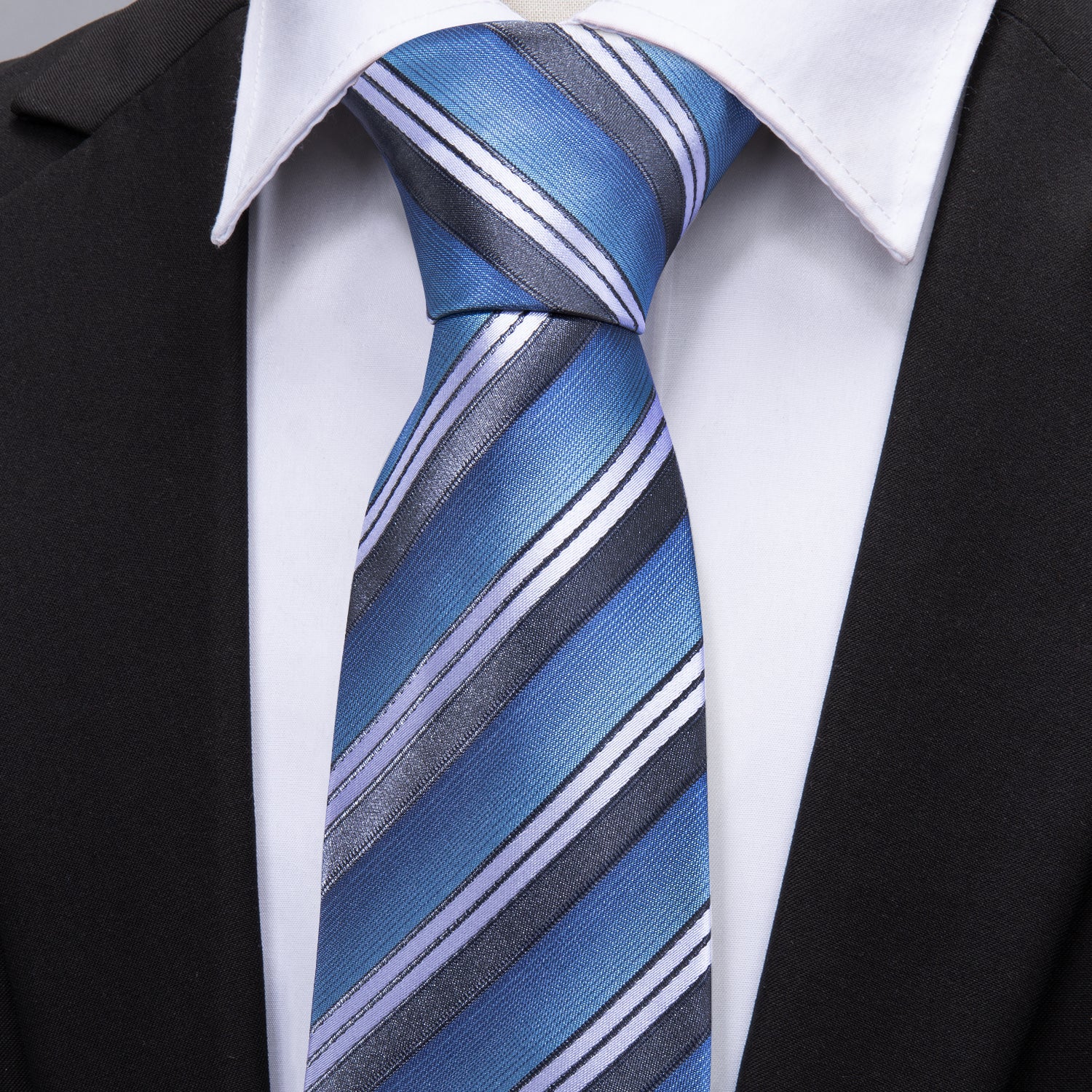 Sky Blue Neckties Striped Tie Pocket Square Cufflinks Set
