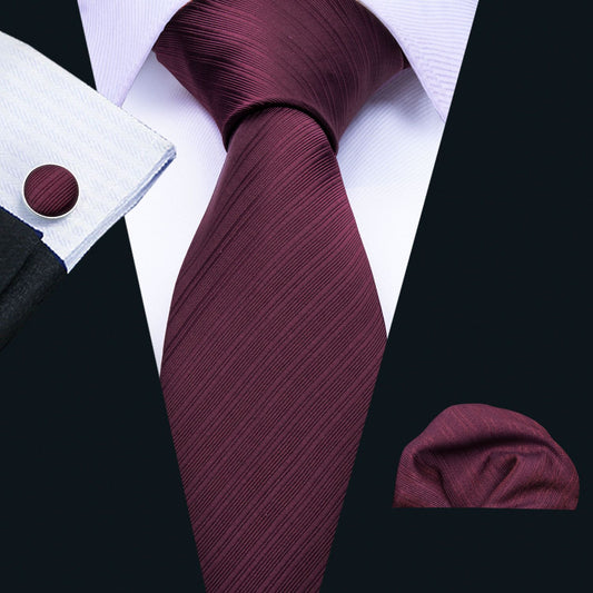 Dark Red Narrow Striped Silk Men's Tie Hanky Cufflinks Set - barry-wang