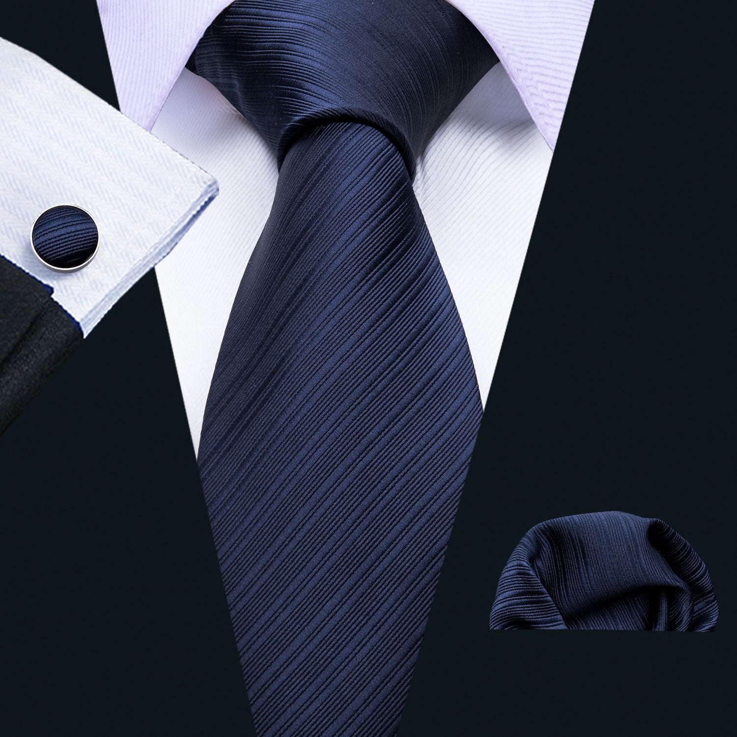 Navy Blue Striped Silk Men's Tie Hanky Cufflinks Set - barry-wang
