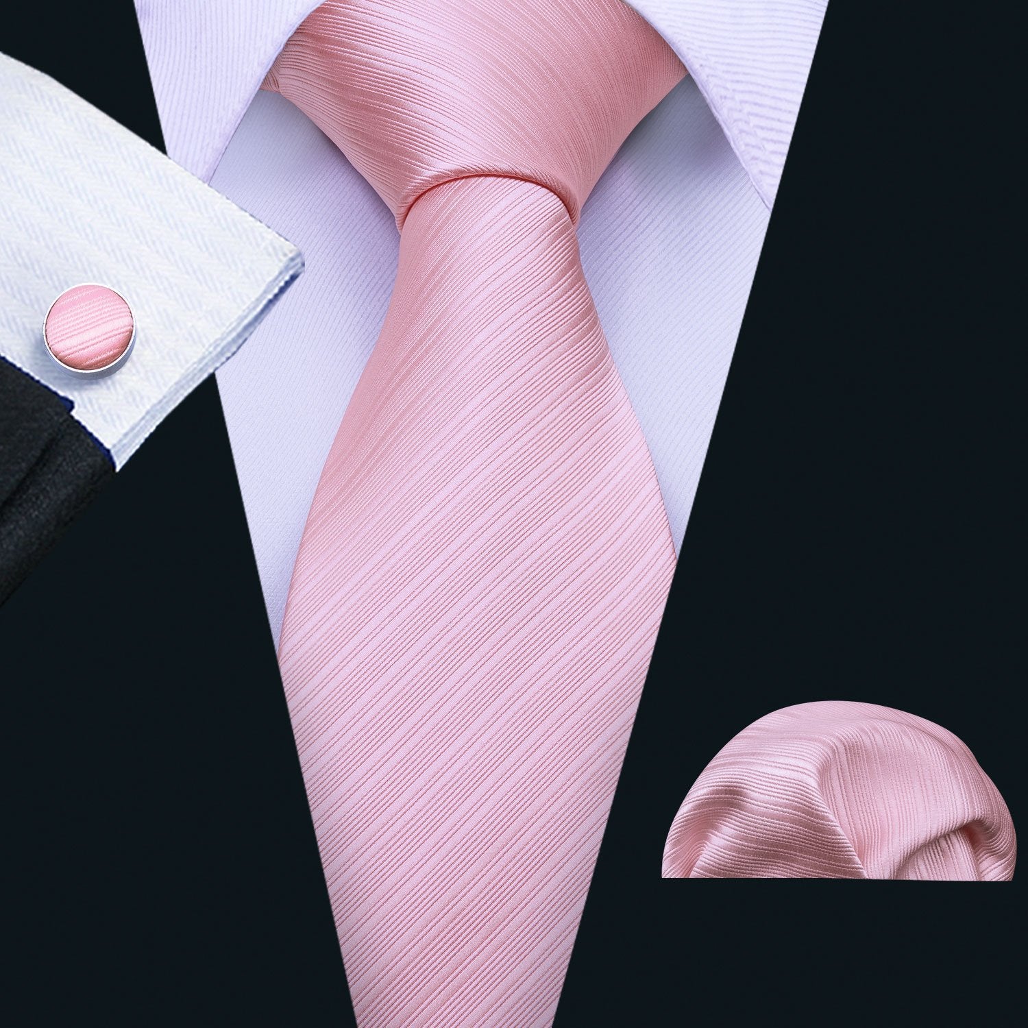 Silver Pink Striped Silk Men's Tie Hanky Cufflinks Set - barry-wang