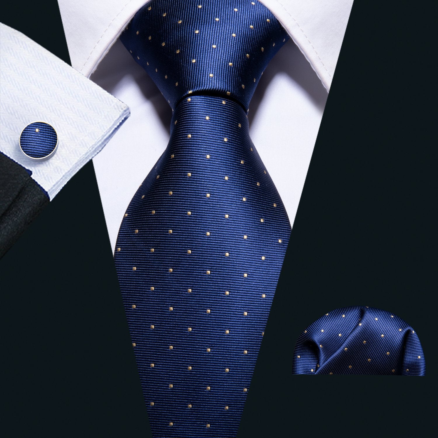Navy Blue Polka Dot Silk Men's Tie Hanky Cufflinks Set - barry-wang
