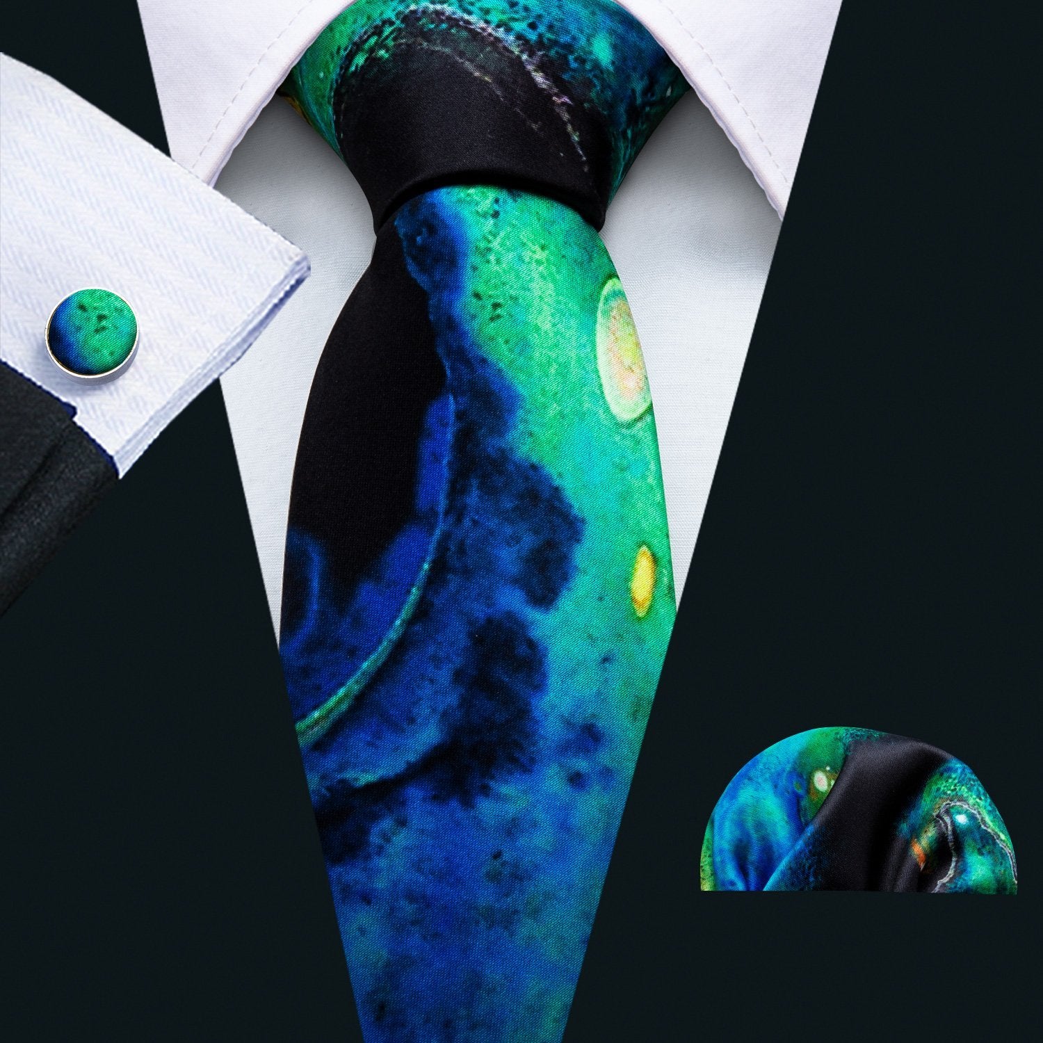 Green Seabed Tie Pocket Square Cufflinks Set - barry-wang