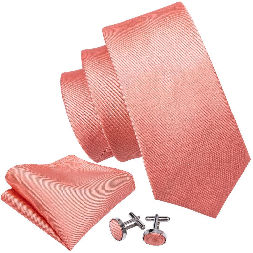 Coral Red Solid Silk Men's Tie Pocket Square Cufflinks Set - barry-wang